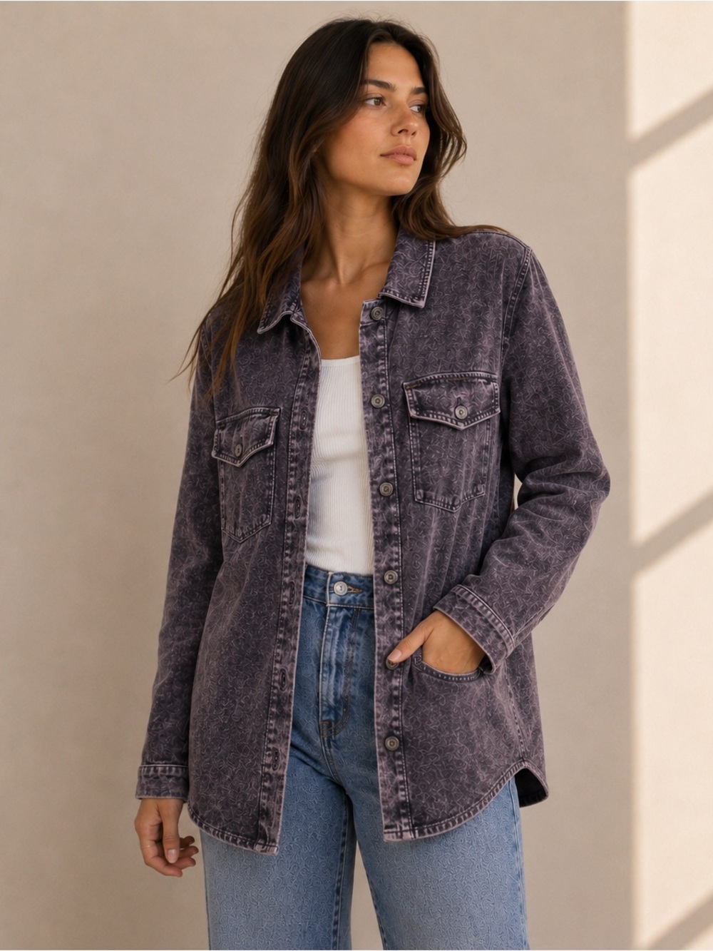 Zenana Washed Plum Mineral Wash Shacket Soft Feel More Like Oversized